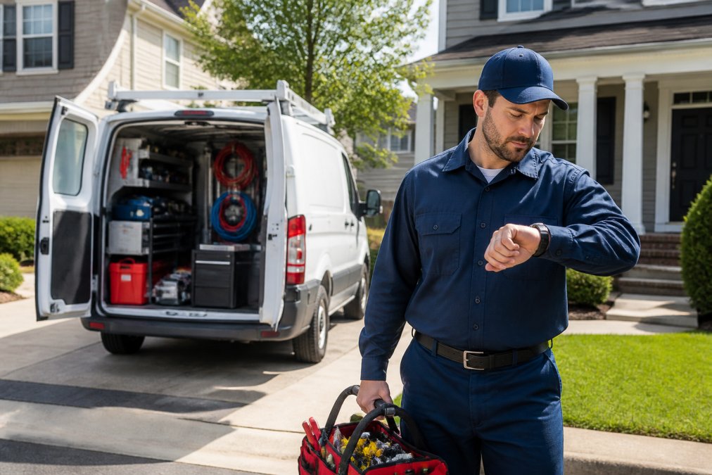 Licensed plumber in work uniform arriving at residential home with fully stocked service van, checking wristwatch to demonstrate punctuality, parked in driveway with morning sunlight