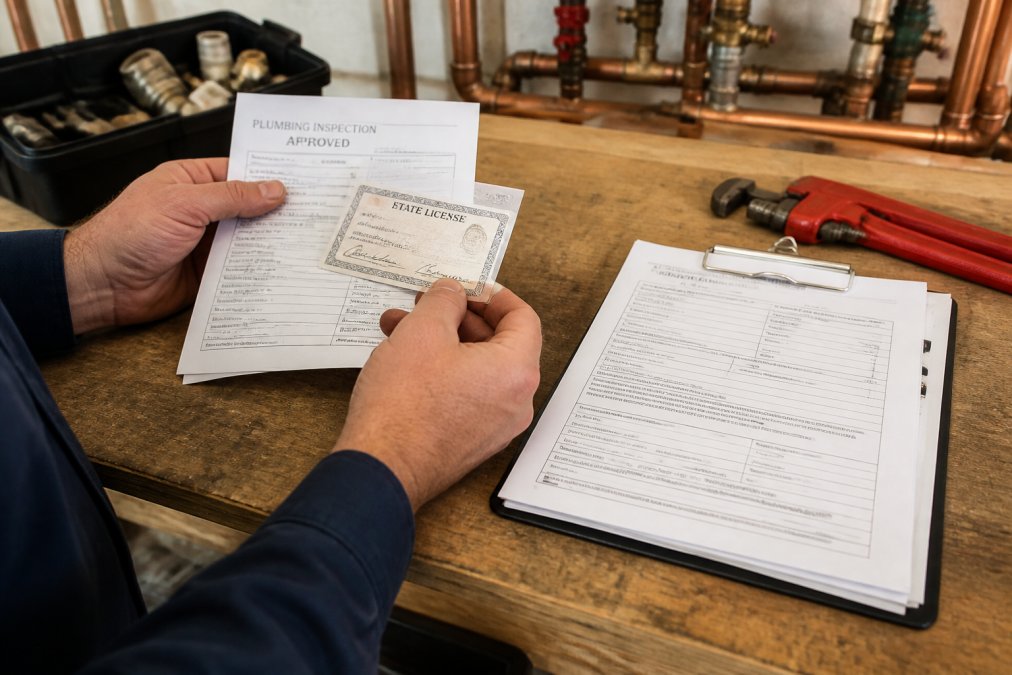 Close-up of plumber's hands holding active state licensing credentials and inspection documents, clipboard with permit forms visible on wooden workbench, natural daylight