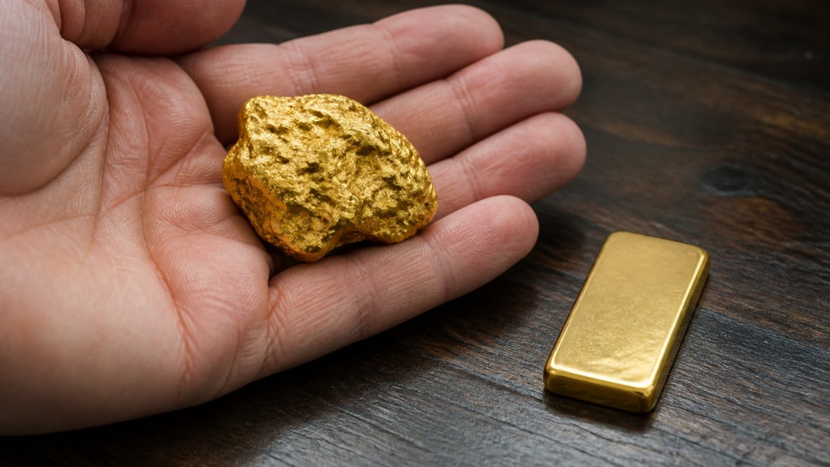 Close-up of an open hand holding a textured natural gold nugget beside a small minted gold bar on a dark wooden surface, soft natural light