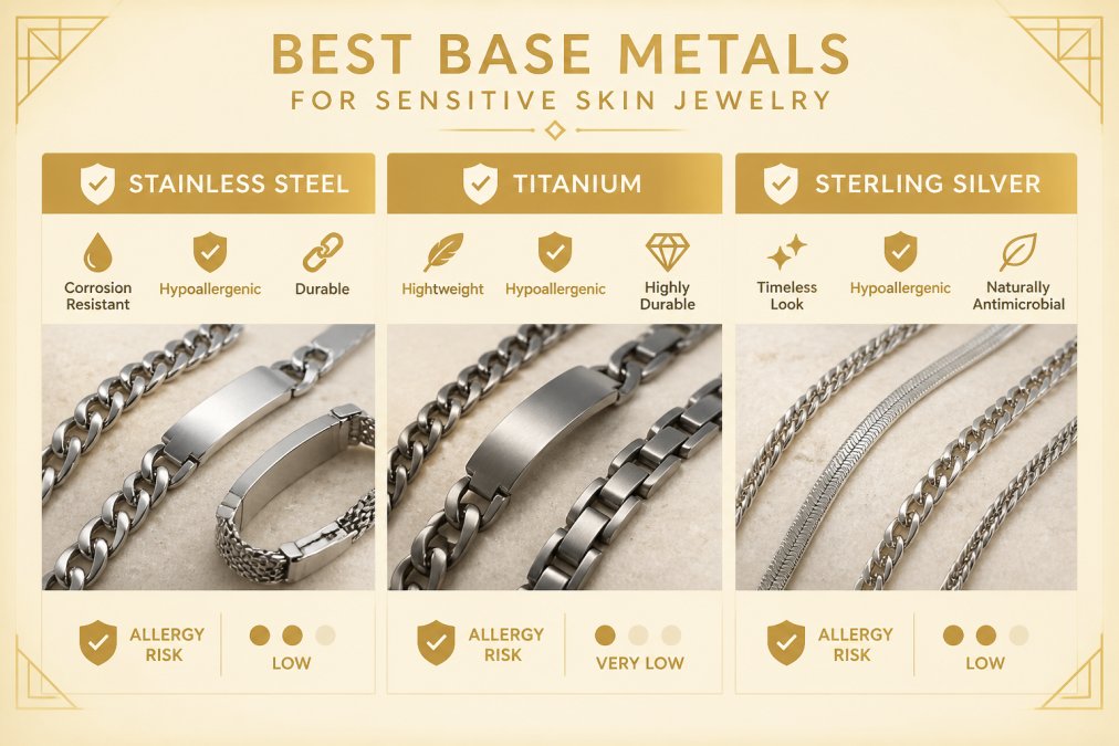 Close-up of various metal jewelry pieces including stainless steel, titanium, and sterling silver bracelets and chains displayed side-by-side, showing their different finishes and textures in natural light