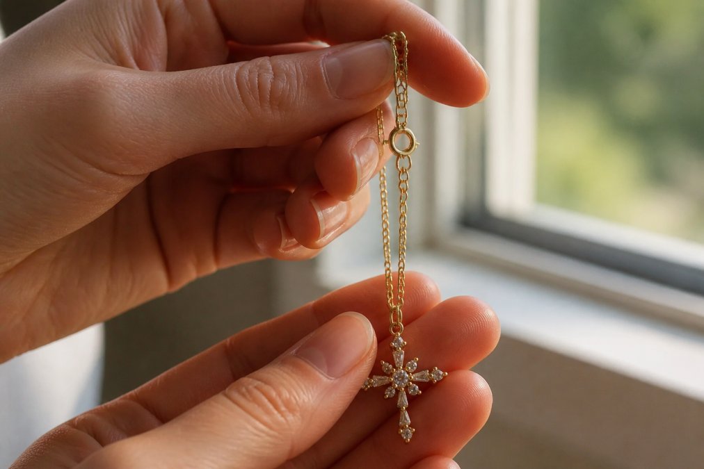 Close-up of hands holding a delicate gold-plated necklace against natural window light, showing intricate chain links and secure clasp mechanism