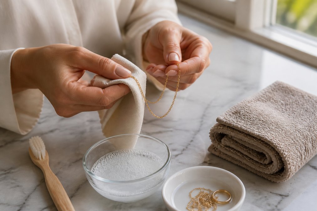 Hands gently cleaning a delicate gold plated necklace with a soft microfibre cloth, with a small bowl of warm soapy water visible on a marble surface, natural window lighting