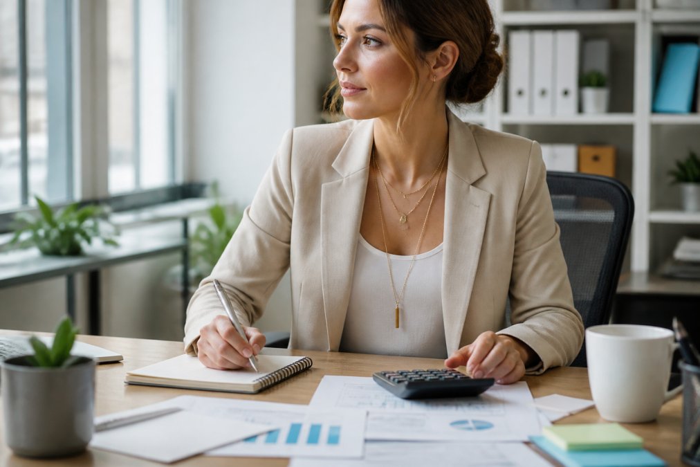 Professional woman wearing an elegant 18K gold plated layered necklace in a modern office setting, seated at a desk with natural light from windows, showcasing how the piece elevates everyday professional style