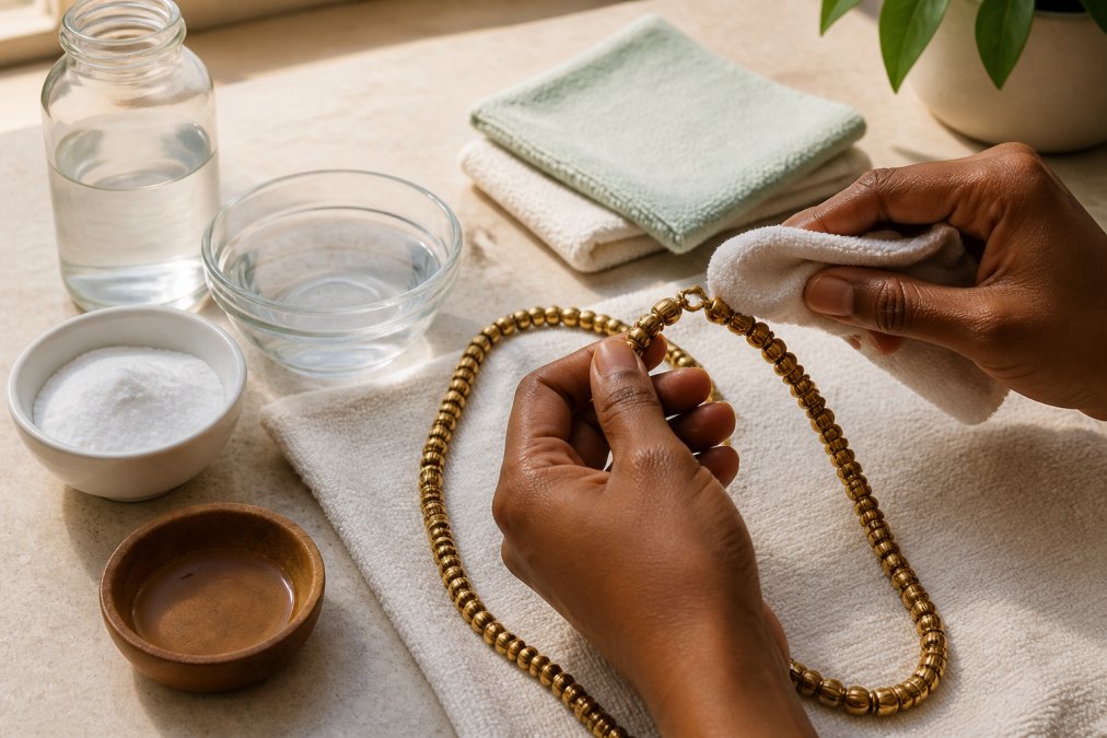 Hands gently cleaning a brass necklace with a soft cloth and natural cleaning solution in a bright, well-lit space with cleaning supplies nearby, baking soda, vinegar, and soft cloths arranged on a light surface