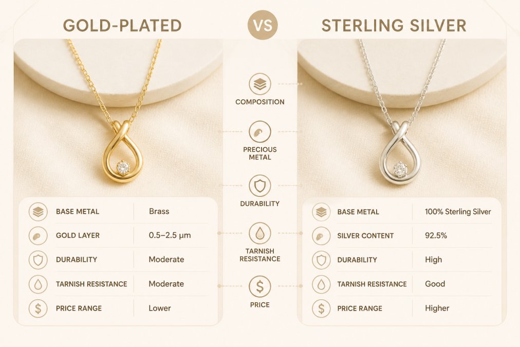 Two elegant necklaces displayed side by side on a soft surface, one with warm gold plating catching light, one with bright sterling silver, showing the distinct visual appearance and finish of each metal