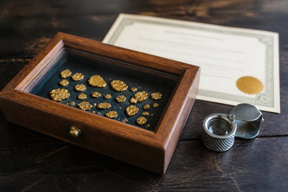 Close-up of raw placer gold flakes in a handcrafted display case, with a Certificate of Authenticity and a jeweler's loupe resting beside it on a dark wooden table