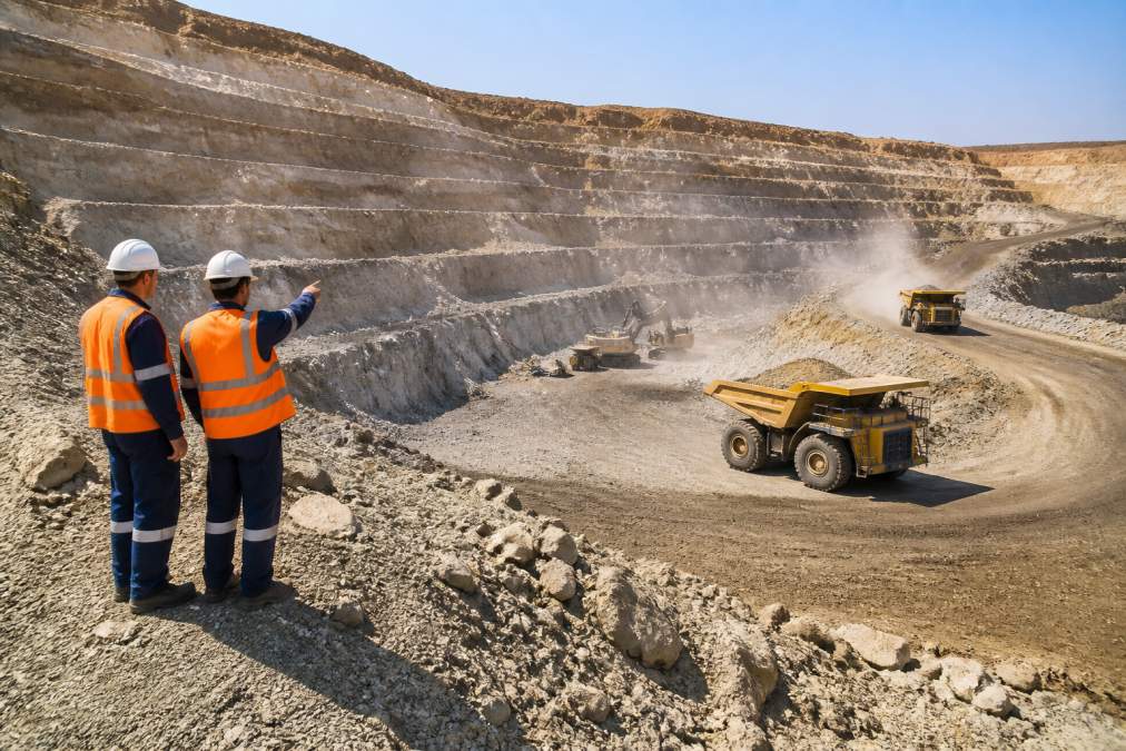 Open pit gold mining operation with large excavation equipment removing ore from terraced rock faces, workers in safety gear visible in foreground, dust and equipment movement captured in natural daylight