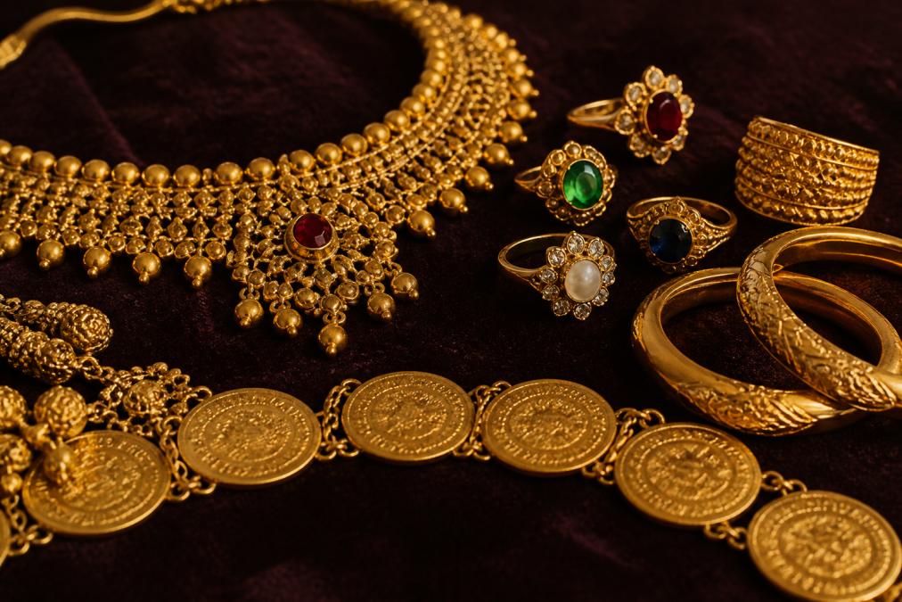 Close-up arrangement of luxury gold jewelry pieces including ornate necklaces, rings with gemstones, and gold coins on dark velvet surface with warm studio lighting highlighting the metal's luster
