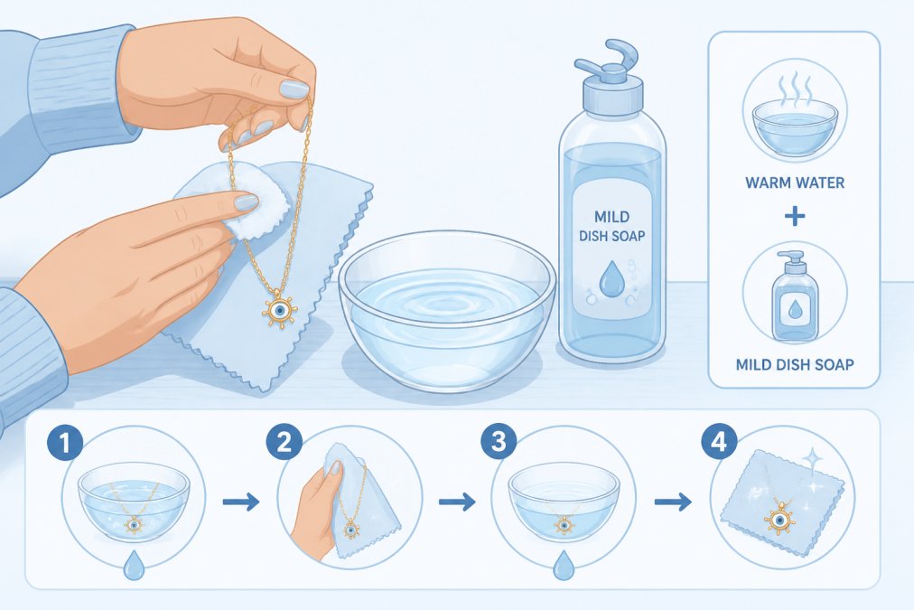 Woman's hands gently cleaning a delicate gold necklace with a soft cloth and a small bowl of warm water on a wooden table, with a mild dish soap bottle nearby