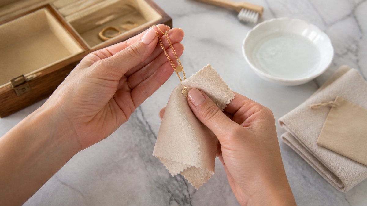 Hands gently cleaning a gold vermeil necklace with a microfiber cloth on a marble surface near a jewelry kit.