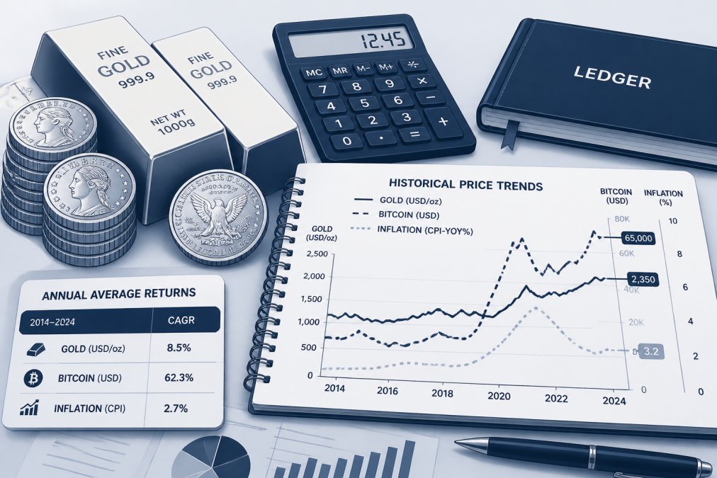 Close-up of gold coins and bars arranged on a desk with financial documents, a calculator, and a ledger showing historical price trends in natural lighting