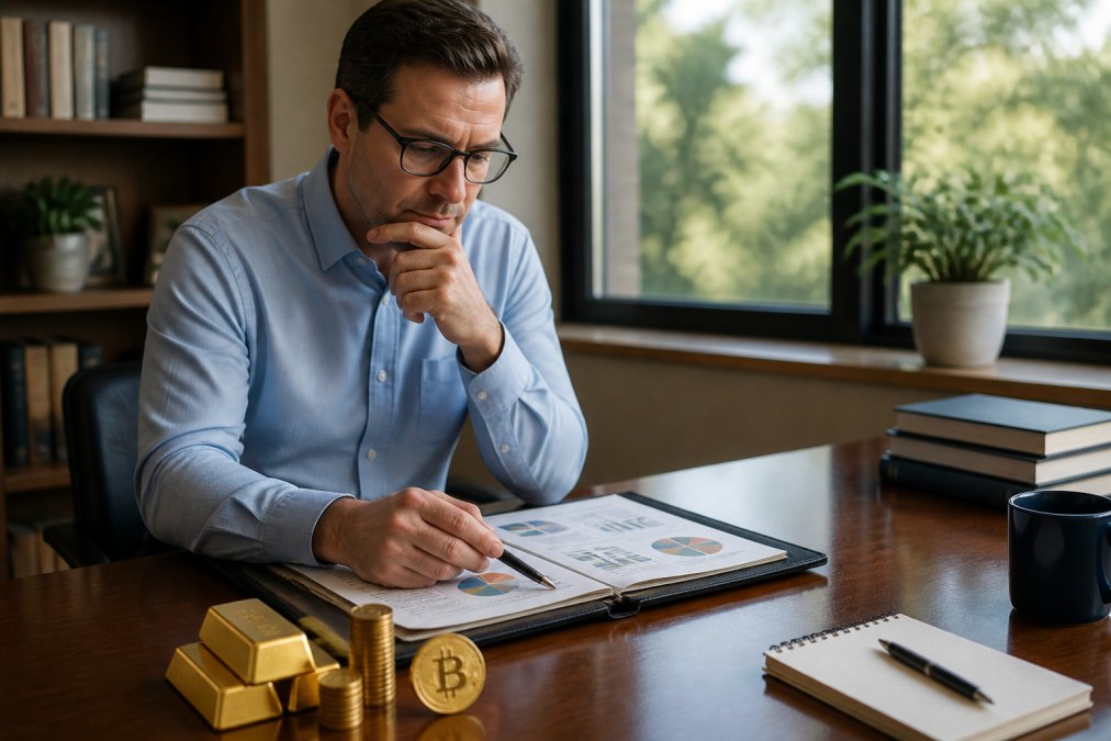 Investor reviewing a diversified portfolio on a laptop screen displaying gold bars, bitcoin symbols, and traditional assets with clear allocation percentages, in a professional office with natural lighting