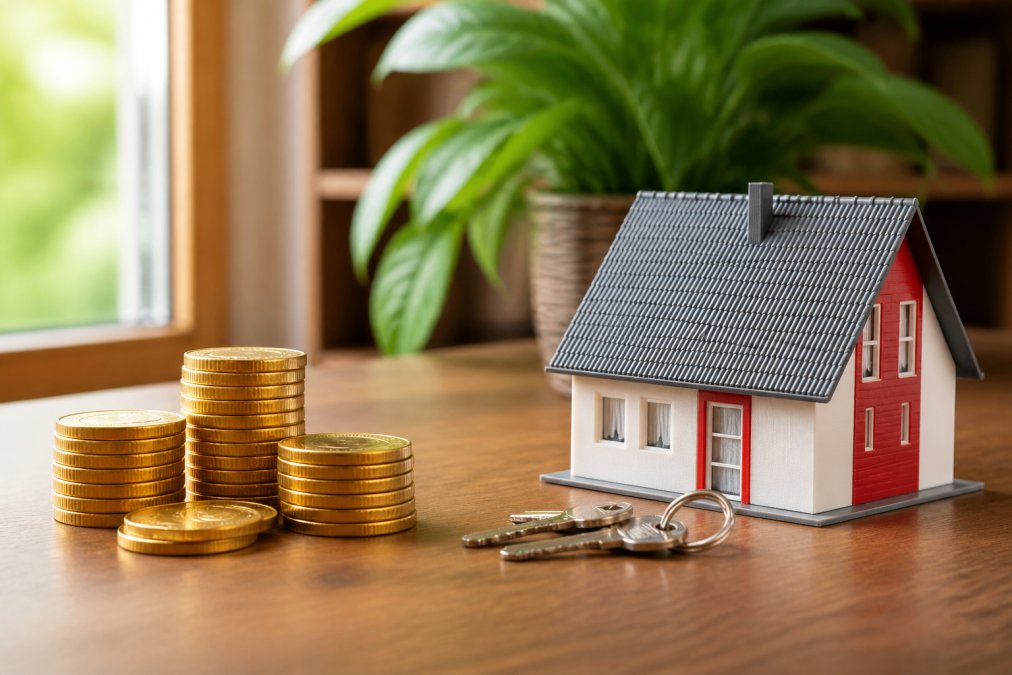 Physical gold bullion coins stacked on one side of a clean wooden desk with a small model house and house keys on the other side, warm natural window lighting