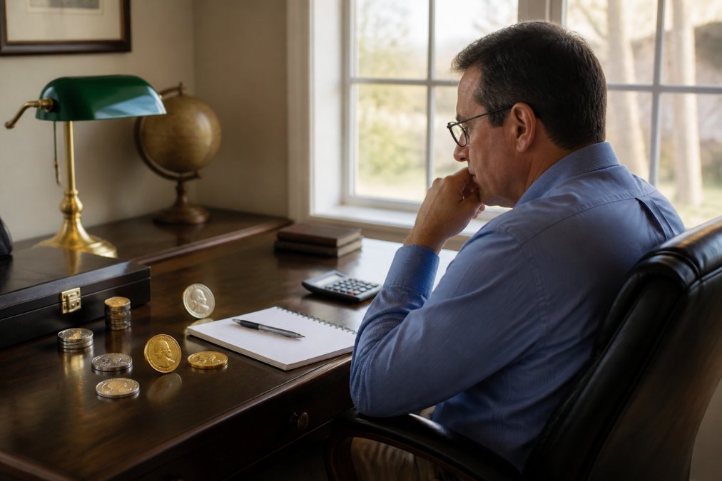 Investor reviewing precious metals price charts on a computer monitor in a home office setting, with gold and silver coins visible on the desk