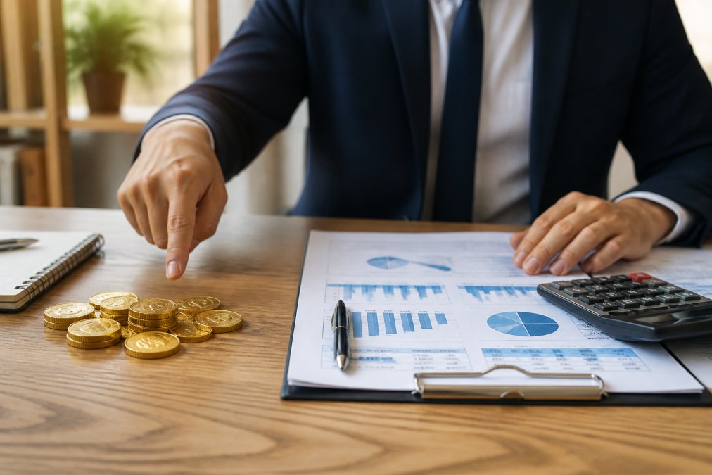 Financial advisor pointing to gold coins and stock performance documents on desk with calculator and charts visible in modern office setting