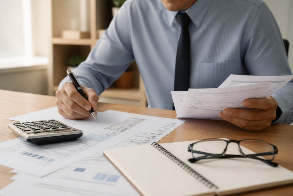 Accountant reviewing tax documents and investment statements at desk with calculator, pen, and financial papers in professional office