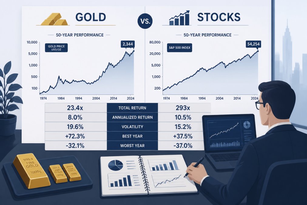 Financial advisor reviewing investment performance data with gold bullion samples and stock charts on desk, showing both traditional and precious metal assets side by side in modern office setting