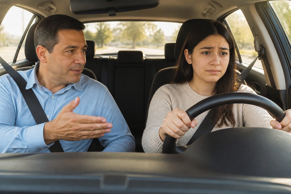 Student driver gripping steering wheel with visible tension while instructor gestures reassuringly during behind-the-wheel lesson, afternoon sunlight through windshield, calm expression on instructor's face
