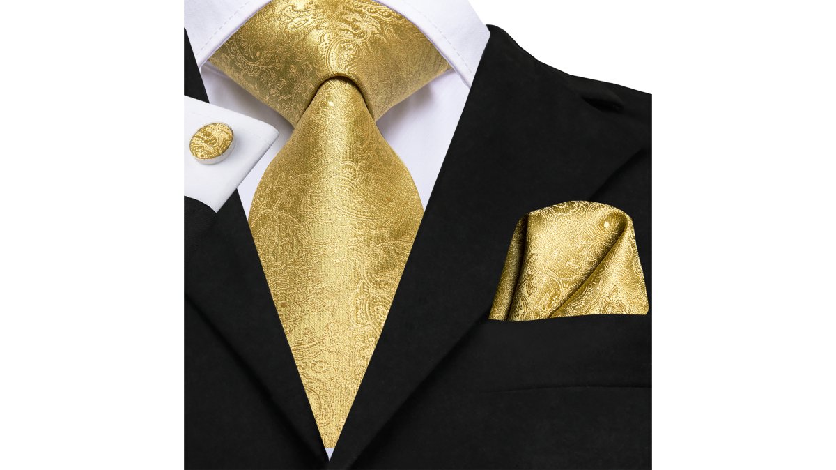 Golden Paisley Tie Pocket Square Cufflinks Set-N-3053