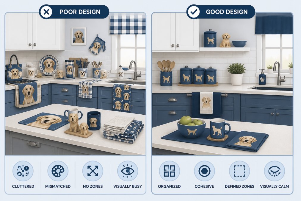 Two side-by-side kitchen photos, one showing cluttered, mismatched golden retriever accessories scattered across multiple surfaces (poor design), and one showing the same items organized into designated zones with breathing room and consistent color palette (good design)