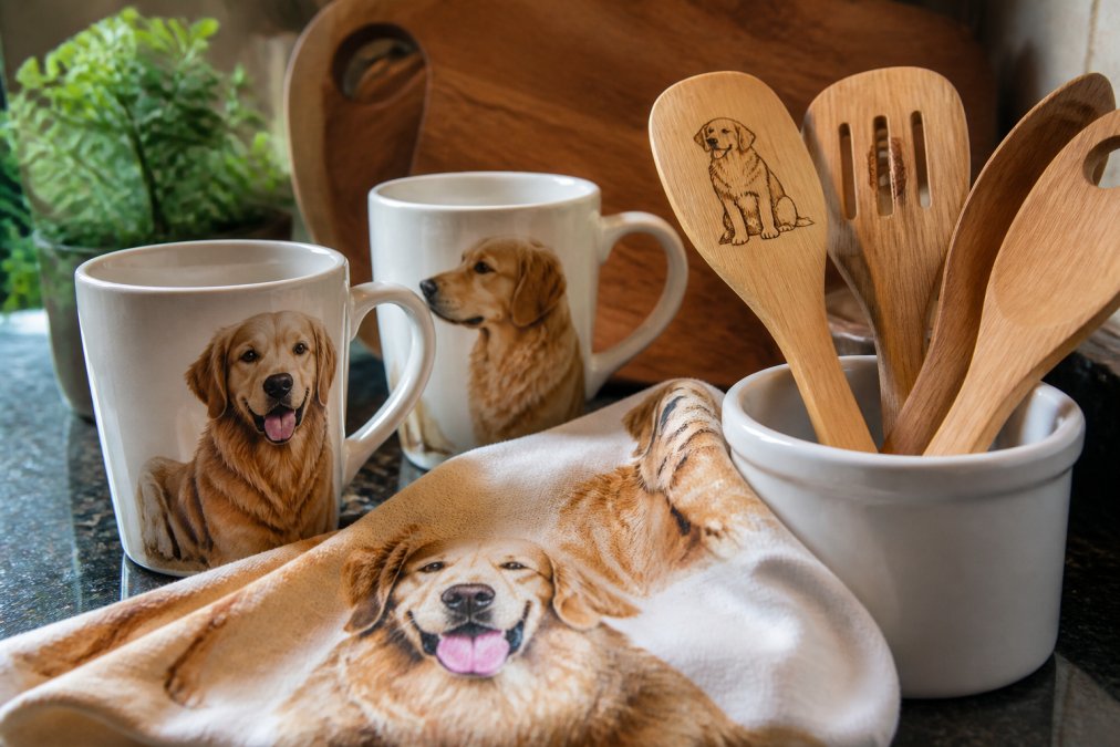 Close-up of high-quality kitchen accessories with golden retriever designs, including ceramic mugs with detailed artwork, wooden utensils with engraved details, and fabric kitchen towels, showing texture, print quality, and craftsmanship under warm lighting