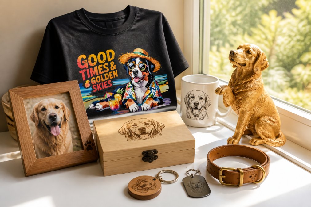 Close-up of personalized golden retriever gifts arranged on a white surface, including custom photo frames with dog photos, engraved items with names, and a golden retriever figurine catching natural window light