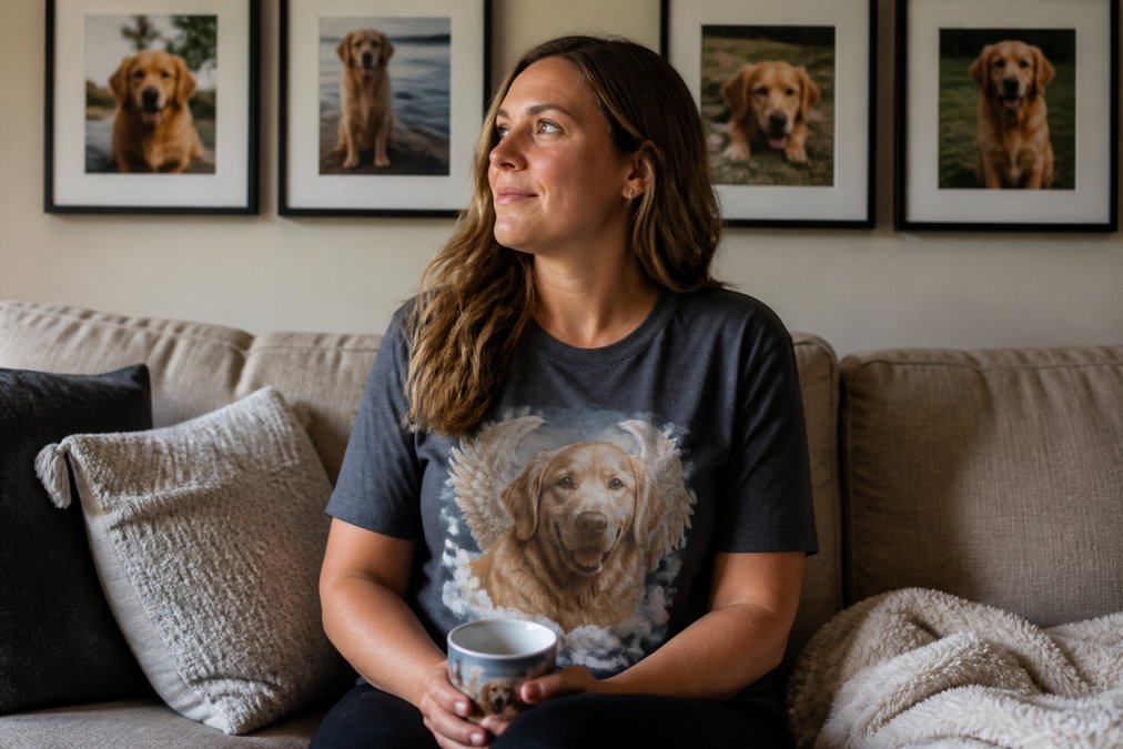 Woman wearing a meaningful dog memorial t-shirt while sitting on a couch with framed photos of her golden retriever on the wall behind her, showing comfort and remembrance through wearable tribute