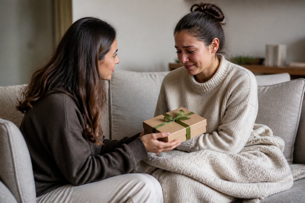 Two sisters sitting together on a couch, one offering a gift box to the other in a moment of emotional support and compassion, conveying sisterhood during pet loss