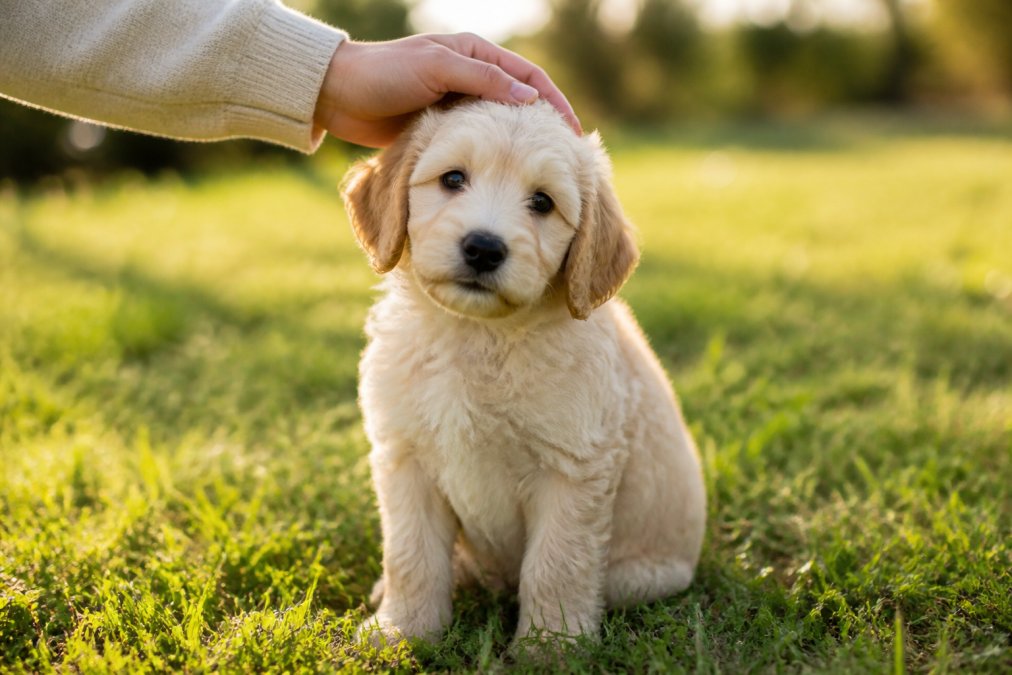 A young Goldendoodle puppy with a soft, wavy cream coat sitting on a grassy lawn, looking curiously toward the camera, with a gentle hand reaching down to stroke its head in warm afternoon sunlight