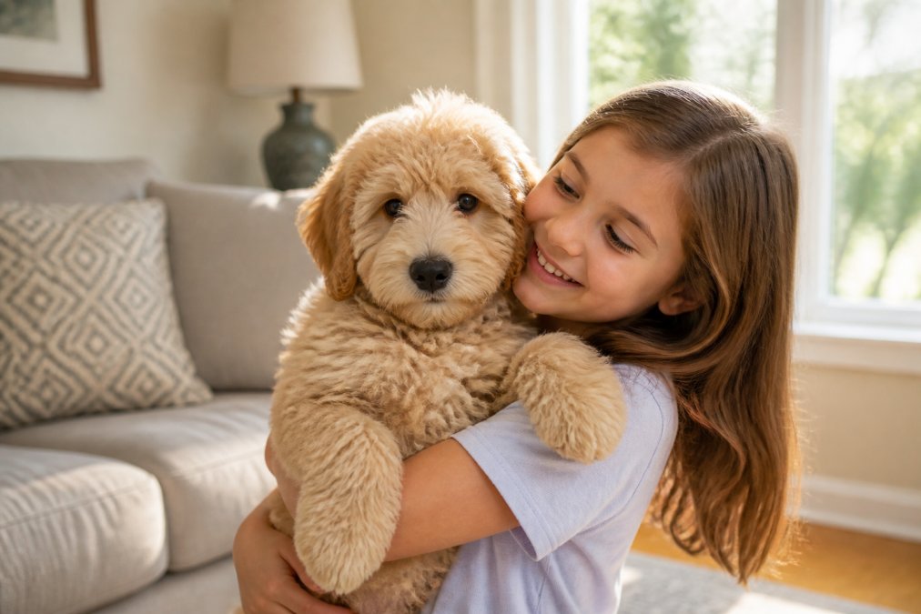 A fluffy Goldendoodle puppy being gently held by a smiling child in a bright living room, the puppy showing calm, curious body language while looking toward the camera, warm afternoon sunlight through a window