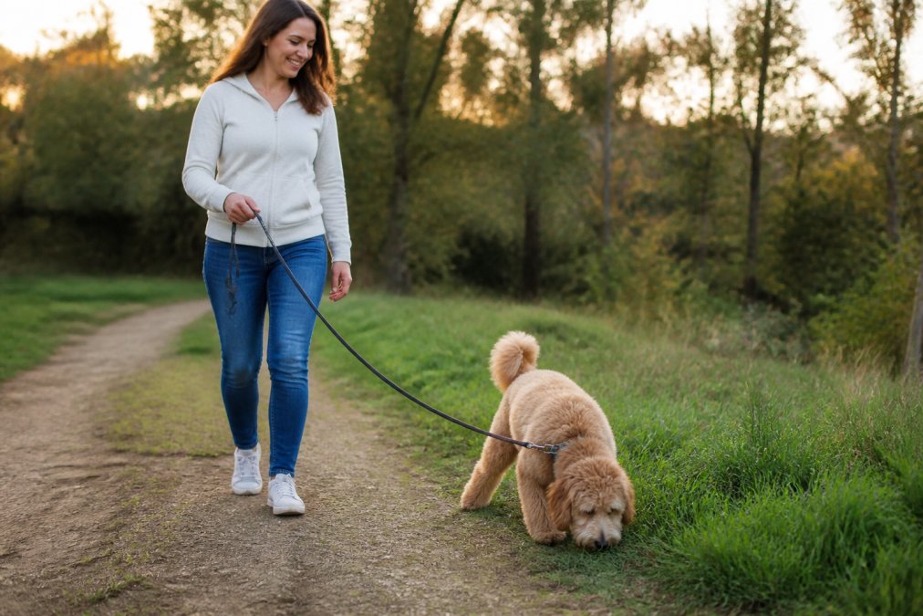 A Goldendoodle puppy on a leash exploring a grassy outdoor path in warm sunlight, nose down and curious, while a smiling adult family member walks beside it holding the leash loosely