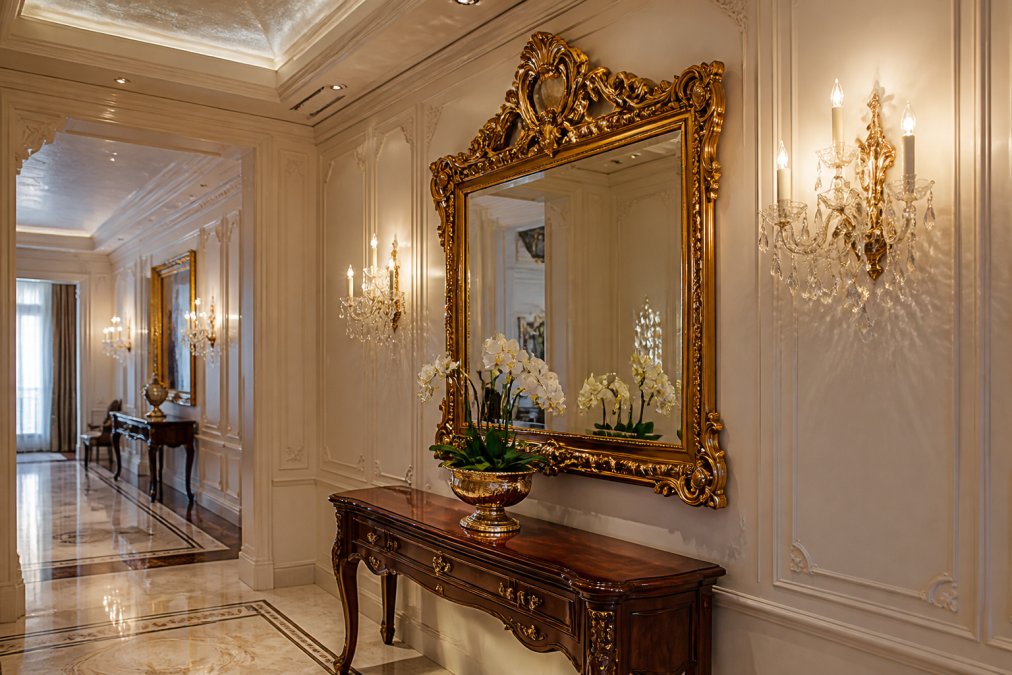 Eleganter, hell beleuchteter Flur mit einem großen goldenen Barockspiegel an der Wand, neben klassischen Konsolentischen aus dunklem Massivholz und Wandleuchten aus Kristall, die das Licht sanft reflektieren und eine warme, einladende Atmosphäre schaffen