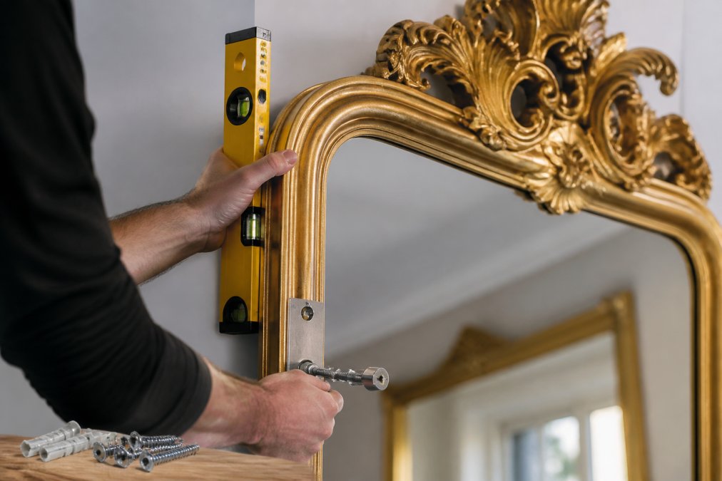 Detailaufnahme einer professionellen Wandmontage mit stabilen Metallbeschlägen und Dübeln, die in einen großen Barockspiegel mit goldenem Rahmen eingebaut sind, zeigt korrekte Befestigungstechnik mit Wasserwaage und Befestigungsmaterial