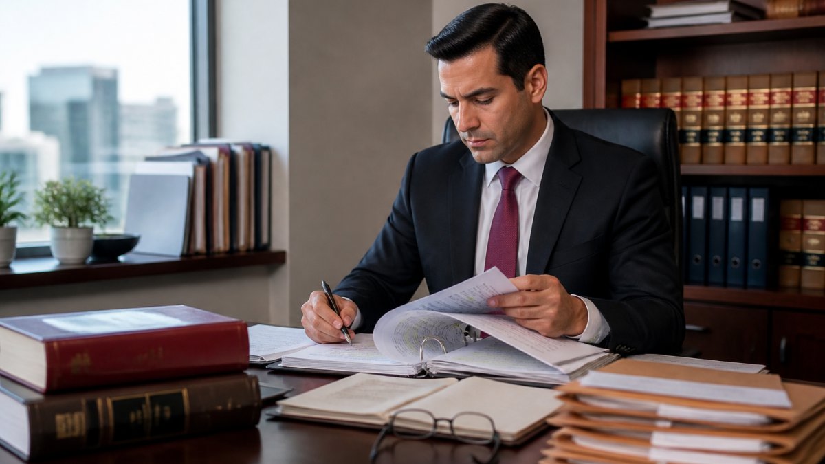 Attorney reviewing legal documents at a desk while researching Goldstein Law Group vs Mendez Law credentials
