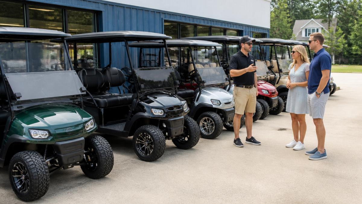 A salesperson assisting customers browsing woodstock golf carts outside a sunny dealership showroom.
