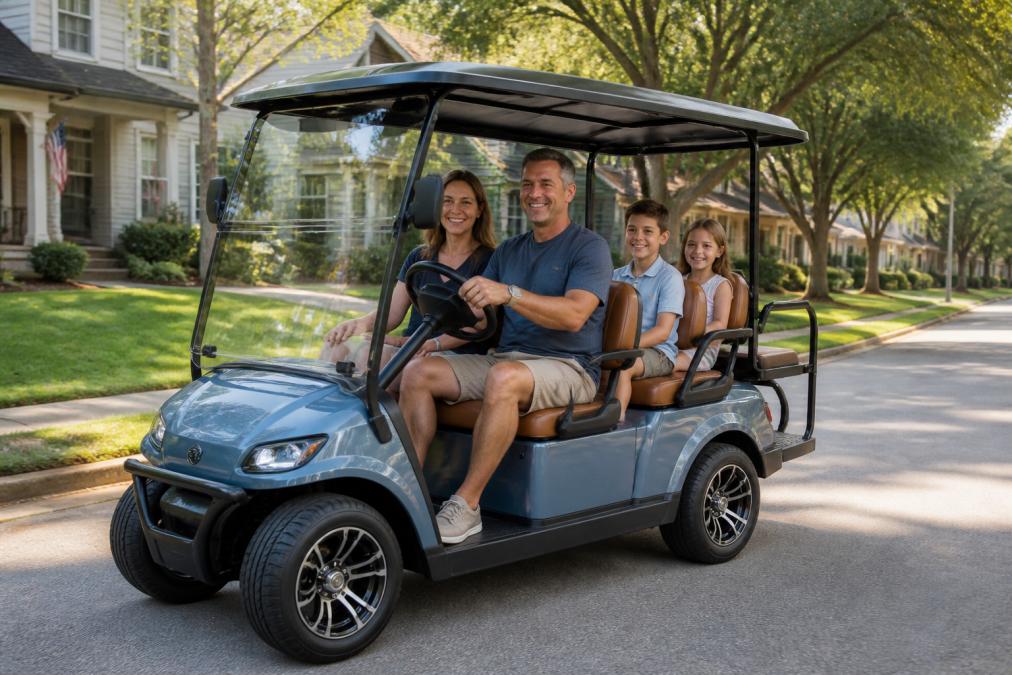 Family of four sitting in a modern street-legal golf cart parked in a residential neighborhood, tree-lined streets and homes visible in the background, natural afternoon lighting