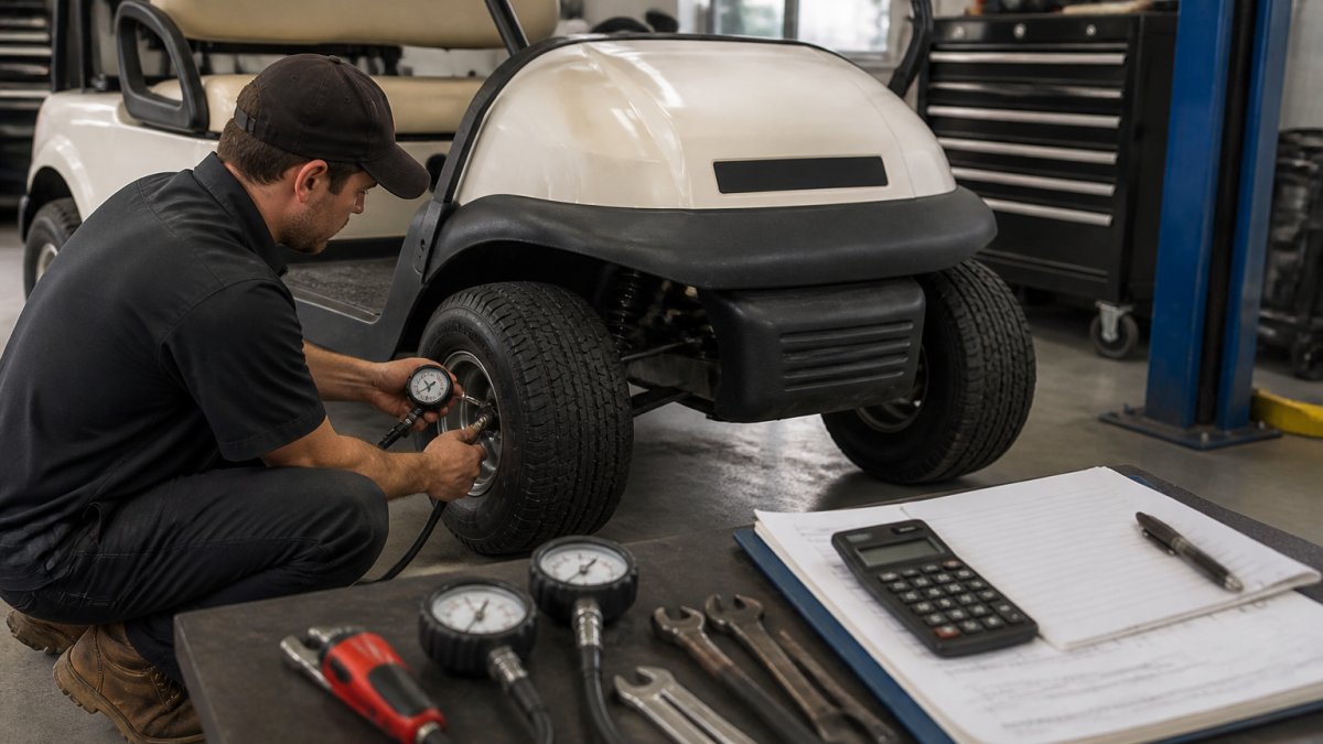 Technician performing tire pressure check and inspection on a golf cart in a professional service bay, with pressure gauges and maintenance tools visible on the workbench