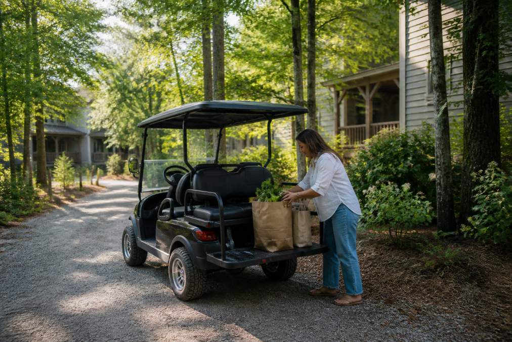 Serenbe property owner loading groceries into a golf cart on a tree-lined residential path during sunset.