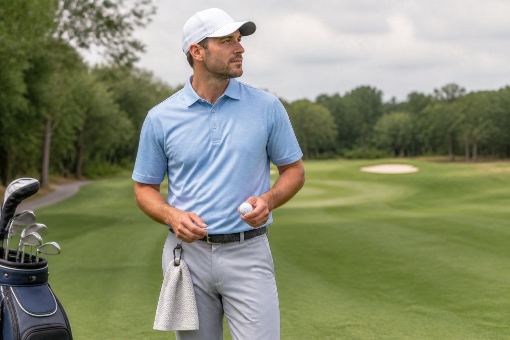 Golfer on fairway wearing moisture-wicking polo, tailored golf pants, and golf hat, holding magnetic golf towel and ball marker, demonstrating complete on-course attire with natural daylight