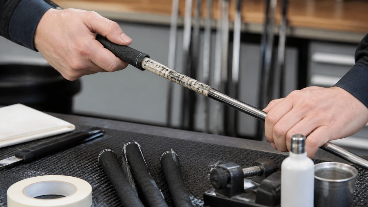 Close-up of a technician's hands removing an old golf grip from a club shaft, showing grip tape and adhesive residue, with fresh grips and specialized tools arranged on the workbench