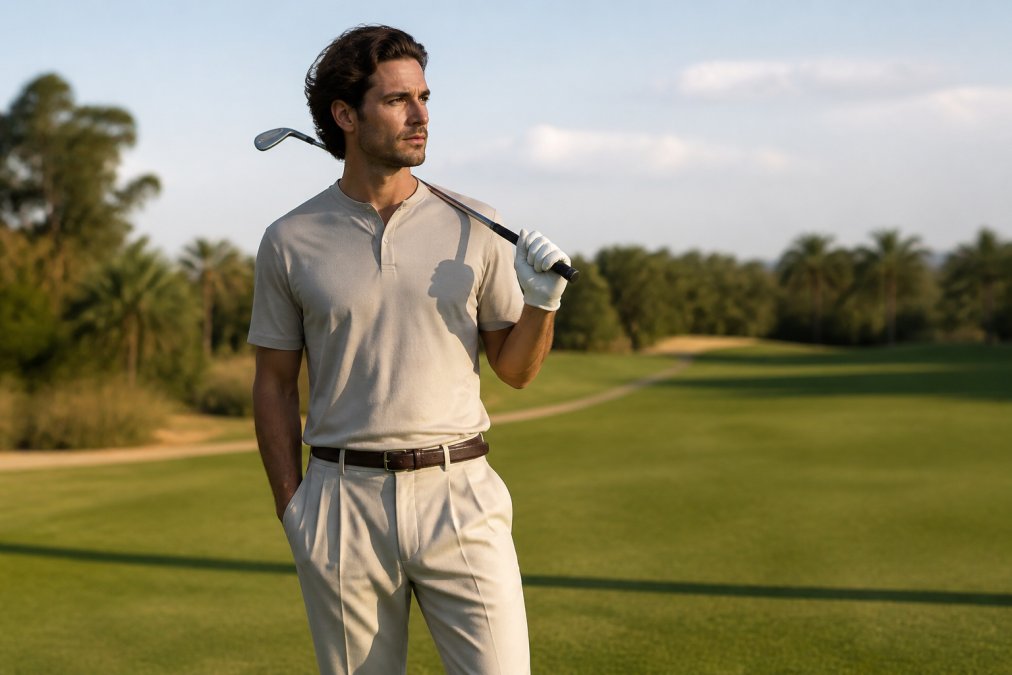 A man in his 30s wearing a neutral-toned, collarless performance polo and tailored pleated trousers, standing on a sunlit green fairway with a golf club over his shoulder