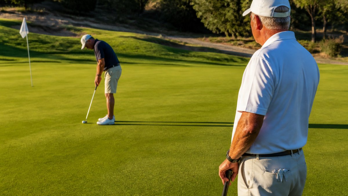 Golfer standing off to the side of the green while another player putts, demonstrating proper positioning and stillness during play, with natural afternoon sunlight casting long shadows across the manicured grass
