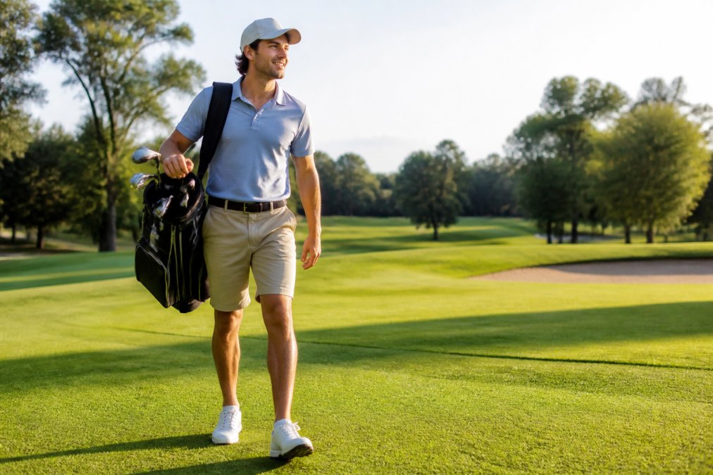 A beginner golfer on the fairway wearing a collared polo shirt, tailored khaki shorts, spikeless golf shoes, and a fitted golf cap, standing confidently with a golf bag slung over one shoulder and natural sunlight illuminating the green landscape