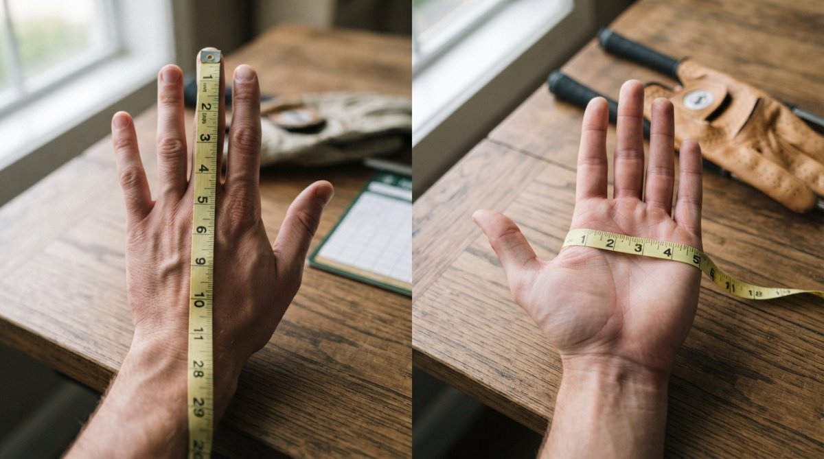 Split-panel comparison showing (left) incorrect measurement across full hand length and (right) correct measurement across palm width at widest point, with soft measuring tape positioned horizontally