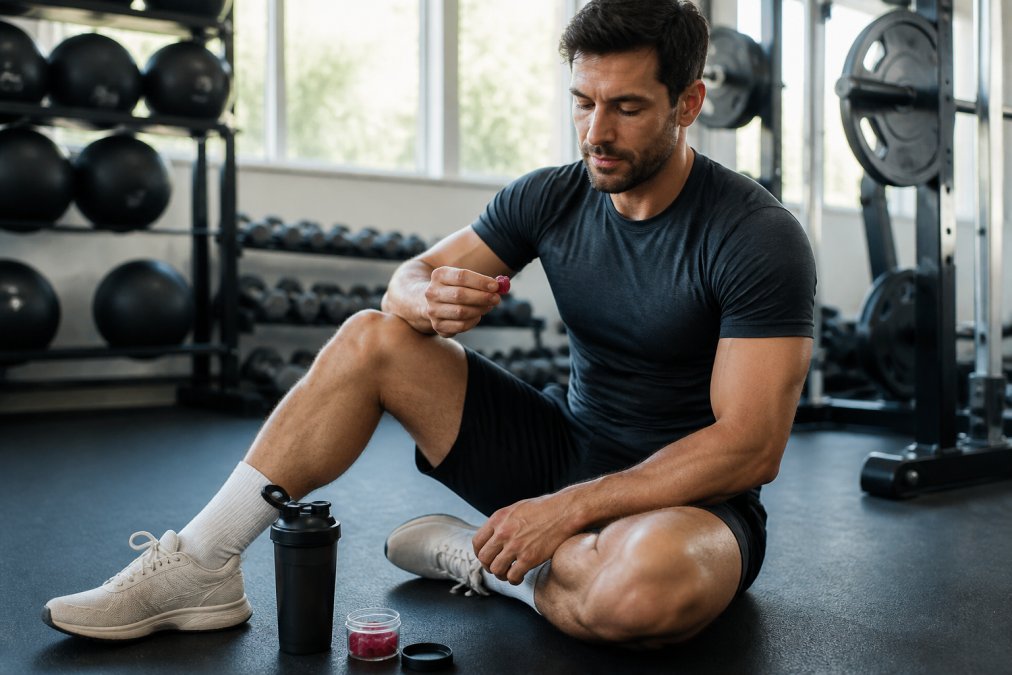 Athlete in workout gear stretching after exercise, holding a recovery gummy, with a recovery drink nearby in a modern gym setting