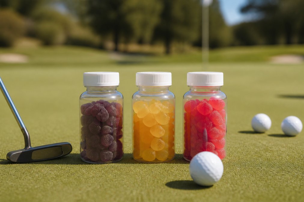 Three distinct gummy bottles arranged on a golf course green with golf balls and a putter in soft natural light, showing product packaging clearly