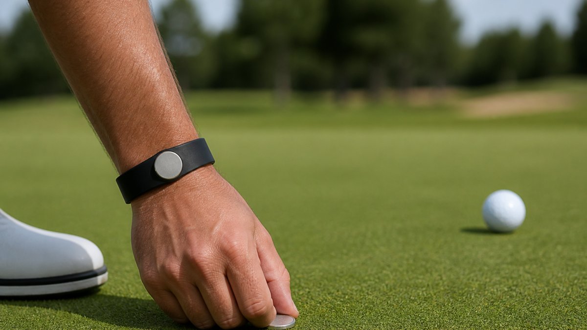 Close-up of a golfer's wrist wearing a silicone magnetic wristband holding a small ball marker, with a putting green and golf ball visible in the background