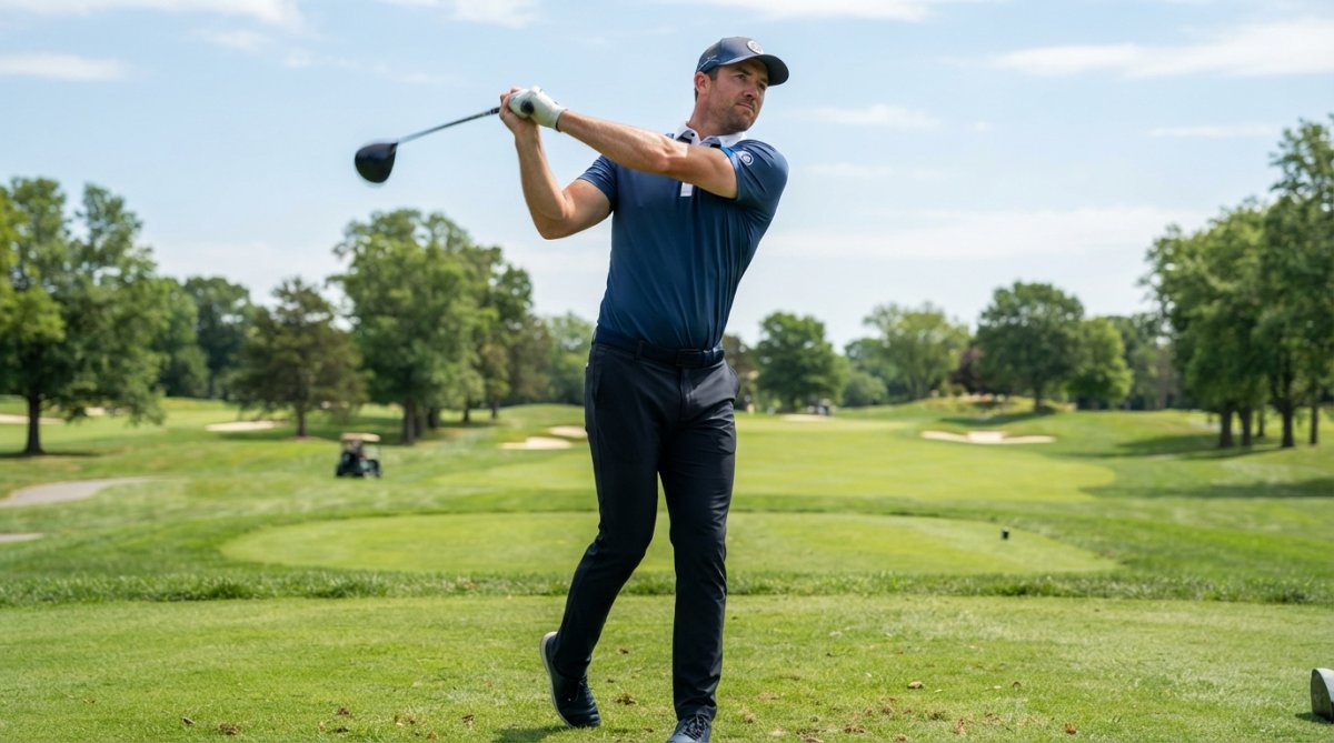 Golfer mid-swing on a sunny course wearing a fitted polo shirt, showing the collar, placket, and athletic fit in motion, with green fairway and blue sky in background