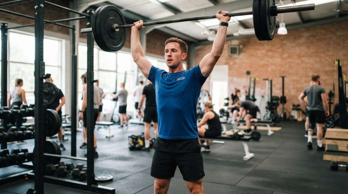 Athlete in a gym setting wearing a moisture-wicking performance shirt while lifting weights, showing unrestricted shoulder movement and technical fabric construction under bright indoor lighting