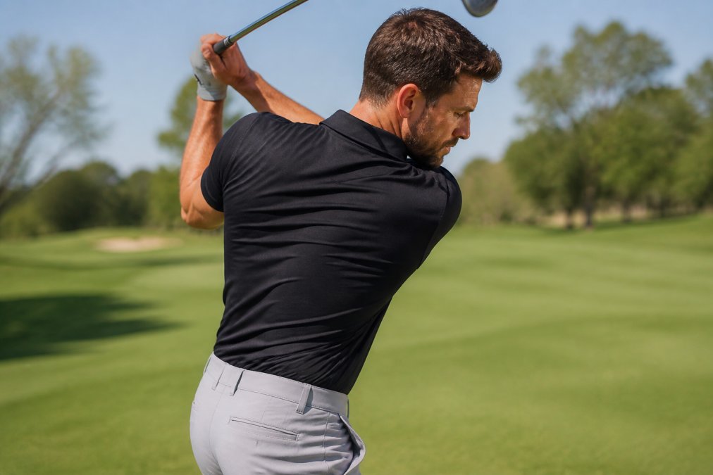 Male golfer mid-backswing on a sunlit golf course fairway, polo shirt visibly pulling and bunching across the upper back and shoulders at full rotation, demonstrating fabric restriction